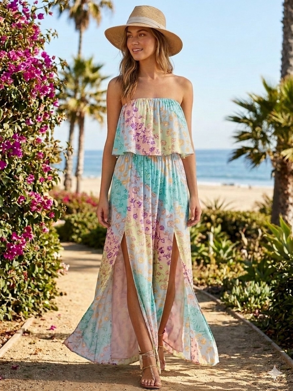 EMILY WONDER | Strapless Pastel Floral Maxi Dress